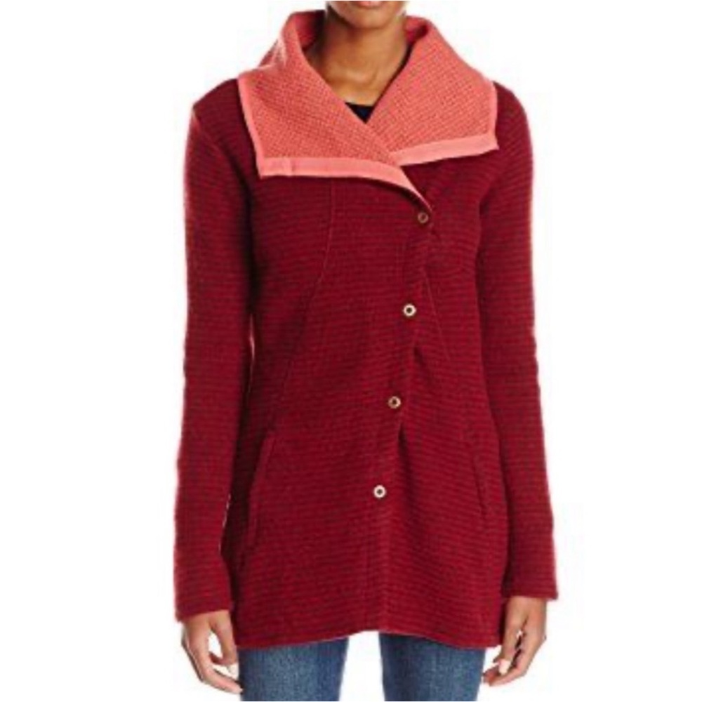 Prana Milana Wool Blend Sweater Jacket Women’s M Red Berry Button Front Collared